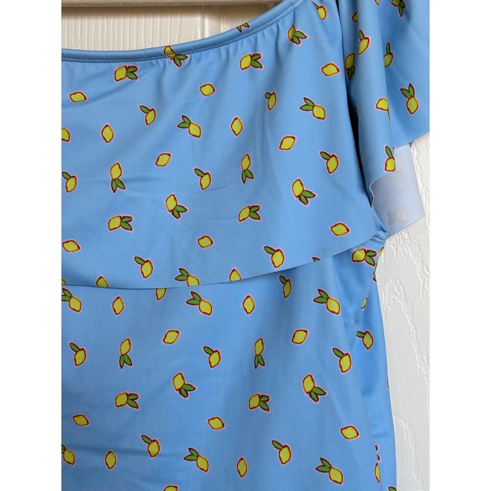 New w/o Tags ! Kortni Jeane Ruffled Around Swimsuit Top Blue Yellow Lemon Sz L - Picture 3 of 5